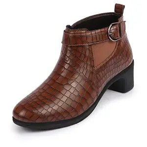 FAUSTO FST KI-255 TAN-41 Women's Tan Flared Heel Mid Top Leopard Print Embossed Buckle Strap Chelsea Boots (8 UK)