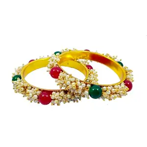 White Pearl With Red and Green Stone Loreal bangle - Traditional Fancy Designer Chuda, Size 2_6