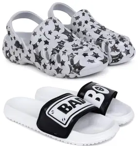Pampy Angel Combo Pack of 2 Slipper/Flip Flops/Slides/Clogs/Sandals with Adjustable Back Strap for Men,(Cl-A-Star-Grey,Badboy-White),8 (UK/India)