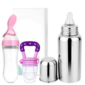 KINDAR CARE Silicone Baby Spoon Feeder Feeding Bottle (90ml, Ideal for 4 Months+ Babies) | Stainless Steel Milk Bottle (250 ML) & Food/Fruit Feeder/Nibbler (Set of 3 Items),KINCARE05