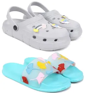 Pampy Angel Combo Pack of 2 Slipper/Flip Flops/Slides/Clogs/Sandals with Adjustable Back Strap for Women,(WCL-Ranbo-Grey,Gobi-Blue),37 (Euro)