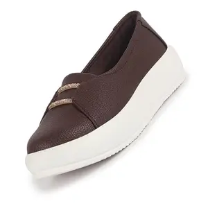 FAUSTO FST 1368 BROWN-38 Women Dual Lace Detail with Textured Slip-On Platform Loafers | Height Enhancer Chic Casual Shoes | Everyday Comfort with Memory Cusion Insole (5 UK)