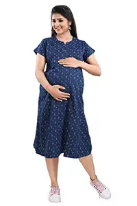 MAMMA'S MATERNITY� Women's Short Length Denim Blue Anchor Printed Maternity/Feeding/Nursing Dress (MAMBLANCHPRNTD2253-XL_Blue Anchor_X-Large)
