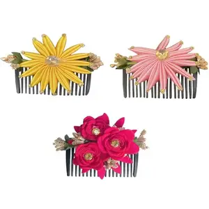 VinshBond New Artificial Flower Comb, Juda/Bun Comb, Side Comb, Floral Hair Comb (Color-Multi, Pack-03)
