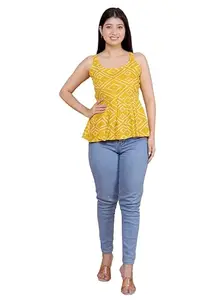 Women's Cotton Printed Sleeveless Short Flared Anarkali Top (Yellow-XL)