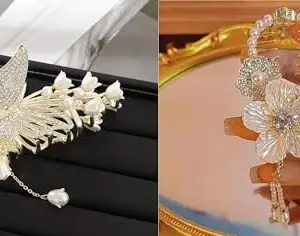 RHOSYN Large Butterfly Hair Claw Clips Gold White Flower Lily Twist Clutchers with Tassel Metal Pearl Nonslip Clamps Styling Accessories for Thick Long Hair Women 2Pcs