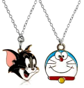 De-Autocare Combo Of Unisex Fancy & Stylish Stainless Steel Cartoon Cute Animal Tom Head Face Charm And Anime Little Cute Lovely Doraemon Locket Pendant Necklace With Clavicle Chain