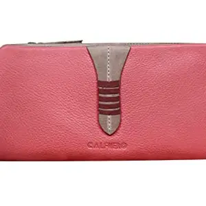 Calfnero Women's Genuine Leather Wallet-Long Purse Wallet with Multiple Card Slots, Zip Pocket with Note Compartments (Pink)