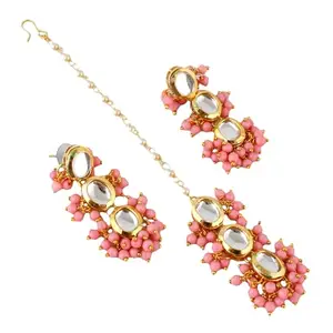 Lucky Jewellery Traditional Back Meena 18k Gold Plated uncut kundan Pink color Tika Earring set for Girls & women (319-J5E2K-1811-PK)