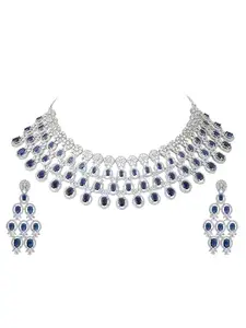 Auraa Trends Rhodium Plated American Diamond Zircon Blue Necklace Set For women and Girls