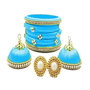Thread Trends Handmade Silk Thread Bangles Set of 5 Bangles and Matching Earrings/jhumkas Light Blue Color (size-2/4)