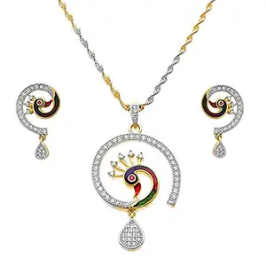 JFL - Jewellery for Less Beautiful American Diamond Meenakari Peacock Pendant set With Golden Silver Chain for Women & Girls,Valentine