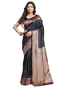 BRAAFEE Women's Banarasi Silk Saree with Unstitched Blouse Piece, Traditional Zari Woven Jacquard