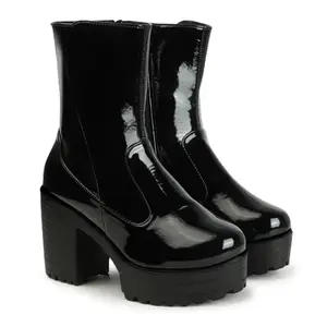 STRASSE PARIS Bold and Breezy Black Patent Leather Ankle Length Heeled Boots for Women & Girls,6