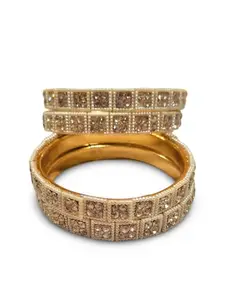 Traditional Gold-Plated Bangles with Crystal Squares, Set of 2, Pearl Border Design (L)