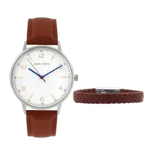 Joker & Witch Leather Flynn Brown Men Analogue Watch Bracelet Stack, White Dial, Brown Band