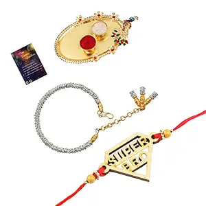 Fashion Charm Bhaiya Rakhi " SUPER HERO" Designer Pendent With Silver Bracelet Kada BhabhiRakhi Combo With Roli Chawal And Greeting Card 1 Kankawati Pooja Thali -1273