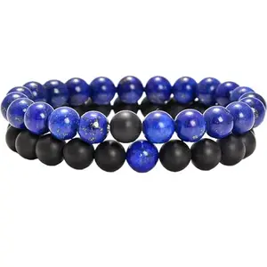RRJEWELZ Matte Black Agate & Lapis Lazuli 8mm Round Smooth beads Long Distance Couples Love Friendship Combo Bracelet Set - Couples Relationship 8 inch Stretchable Bracelets set|RR_CPBR_193_8