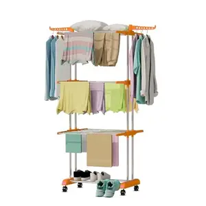 HOUZA 3-Layer Stainless Steel Clothes Drying Stand with Wheels | Foldable Wings | Anti-Rust Portable Cloth Dryer Rack for Indoor & Outdoor Use (Orange), 74 x 64 x 174 Cm