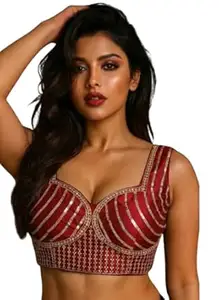 Drishti Fashion Women's Dhupion Silk Embroidery Sequence Work Sweet Heart Neck Sleeveless Blouse Choli Stylish Saree Blouse Ready to Wear Free Size