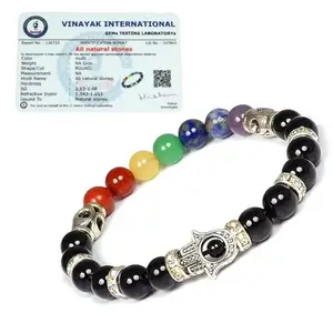 Reiki Crystal Products Natural Black Tourmaline Certified with 7 Chakra Combination Crystal Stone Bracelet 8 mm Round Bead Hamsa Charm Bracelet for Unisex