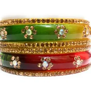Traditional Glass Bangles Set, Rhinestone Studded Kada Chudi with Glossy Finish (MULTICOLOR, 2.6)