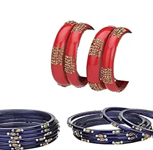 Colorful Glass Bangles/Kada Set Combo Ornamented With Colourful Chips & Beads_D1098 (AkBang2-KG1.b_bang)
