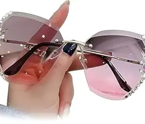 Roshfort Sunglasses for Women uv400 Protection Goggles for Womens Stylish sunglass Rimless Flower Diamond Cutting Lens Driving Shades for Women | Free Size.