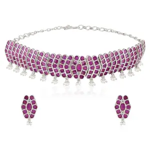 Peora Oxidized Silver Plated Faux Ruby & Lariya Studded Ethnic Necklace Earrings Set Fashion Jewellery for Women & Girls