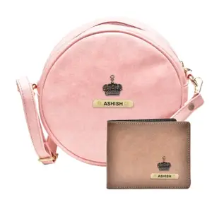 YOUR GIFT STUDIO : Classy Leather Customized Chained Sling Bag Round + Men's Wallet - Light Pink Tan