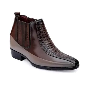 Baxxico Men's 3.5 Inch Hidden Height Increasing Brown Faux Leather Formal Slip-on Chelsea Shoes-7UK[BAX1001-Brown]