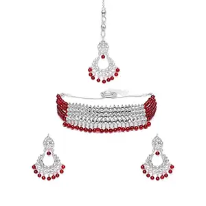 Amazon Brand - Anarva Anarva  18k Rhodium Plated Ethnic Indian Traditional Kundan & Pearl Choker Necklace Jewellery Set for Women (K7083ZM)
