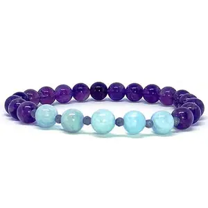 RRJEWELZ Unisex Bracelet 8mm Natural Gemstone Aquamarine & Amethyst Round shape Smooth cut beads 7 inch stretchable bracelet for men & women. | STBR_00897