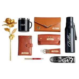 Dream Gift Glore Your Name Customized Gift Hamper Set with Water Bottle, Coffee Mug, Pen, Ladies Purse, Keychain, Golden Rose, Deodorant