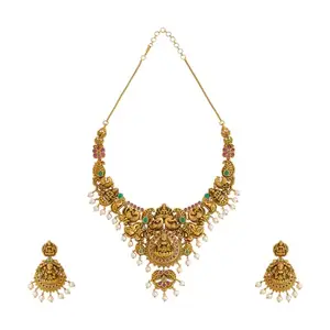 Kushal's Fashion Jewellery Ruby-Green Gold Plated Ethnic Antique Necklace Set - 412964