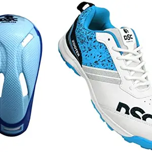 DSC Armour Cricket Abdominal Guard (Mens, Multicolour)+DSC Zooter Cricket Shoe for Men and Boys, Size-9 UK (White-Blue)