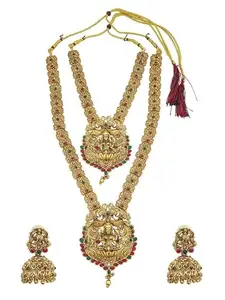Griiham gold finish Long Hara Necklace Set with CZ Stones For Women And Girls