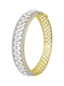 Adwitiya Collection Gold Plated CZ Studded Pearl Beaded Bracelet | Adjustable Bangle Bracelet | Birthday Gift for Women, Anniversary Gift for Wife, Valentine Gift for Girls