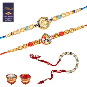 De Marquis Rakhi Combo Set of 5, 2 Rakhi Set, 1 Lumba, 1 Roli Chawal Pack, 1 Greeting Card for Bro/Brother/Bhaiya/Bhai/Bhabhi/Sister/Kids Happy Rakshabandhan