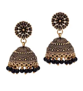 Generic Women's Rajasthani Traditional Wedding Collection Floral Design Gold Oxidised Black Color Jhumki Earrings-PID46561