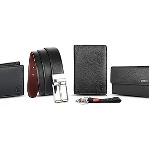 WildHorn Leather Executive Gift Set | Combo Of Men's Wallet, Ladies Wallet,Passport Holder, Mens Belt & Keyring | 5 In 1 Mega Combo| Best Gifting Options, Black