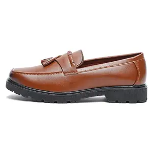 MUTAQINOTI Men's Sedona Tan Vegan Leather Shoe Gothic Platform Handcrafted Formal Tassel Monks British Style Shoes for Men Officewear Slip-on (Size-7 UK) (PSMCPTA-)