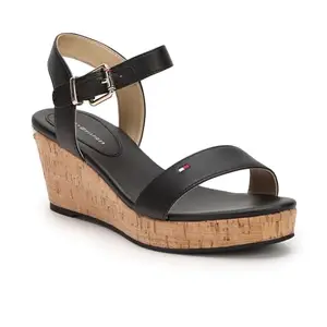 Tommy Hilfiger Polyurethane Solid Black Women Wedges Sandals (F23HWFW126) Size- 40