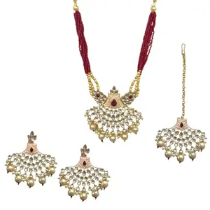 ACCESSHER Womens Royal Kundan & Meenakari Gold Plated Rajwadi Necklace Set with Chandbali Earrings, Maangtikka, Ear Support Patches & Invisible Maangtikka Supporter.