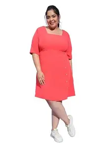 oxolloxo Women Plus Size Red Color Square Neck Short Sleeve Elasticated Button Detailed Dress
