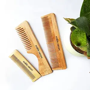 Enable Nature Organic Neem Wood Comb | Wooden Comb for All | Anti-bacterial Neem Comb for Hair Growth | Pocket, Handle Wide Teeth & Styling Comb | Comb Set of 3