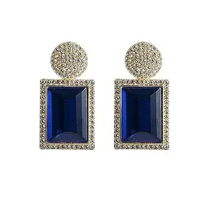 La Belleza Gold-Plated Stone-Studded Glass Geometric Crystal Rectangular Statement Earrings For Girls And Women (Blue)