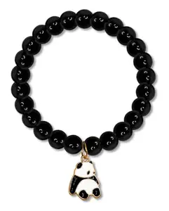 Adhvik Black Adjustable Size Plain 8mm Moti/Beads Pearl Crystal Gem Stone Stretchable Elastic With Hanging Panda Cute Animal Charm Freindship Wrist Band Cuff Bracelet