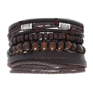 MEENAZ Bracelet for Man Men Boys Girls Women Black Leather Bracelets for Men | Hand Adjustable Leather Wrap | Birthday Gift Husband Wrist | Hand Band for Boys | Fancy Stylish Accessories Silver Kada