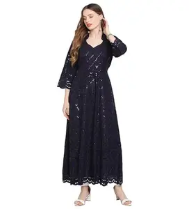Women's Casual 3/4th Sleeve Embroidered Cotton Kurti (Navy Blue, 3XL)-PID48452